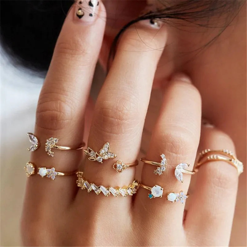 Silver Color Crystal Rings Set for Women