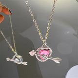 Pink Planet Heart Zircon Pendant Necklace